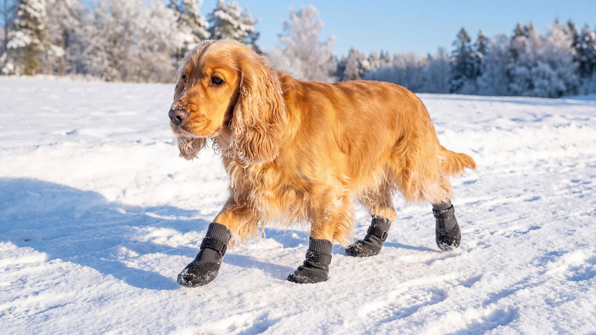 Cocker spaniel portant les chaussures antidérapantes PatteFidèle dans la neige