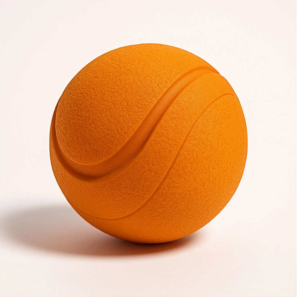Gros plan sur la balle pour chien orange, montrant sa texture en caoutchouc solide et durable.
