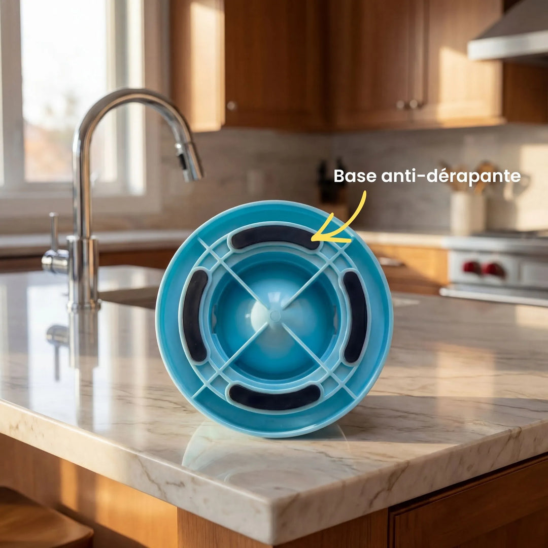 Vue du dessous montrant les patins en caoutchouc antidérapants pour une stabilité parfaite au sol.