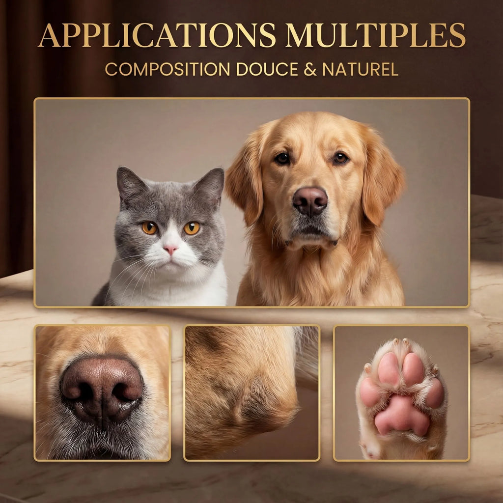 Utilisation du baume naturel pour chien et chat : soin hydratant pour la truffe, les coudes secs et les coussinets sensibles. Composition douce.