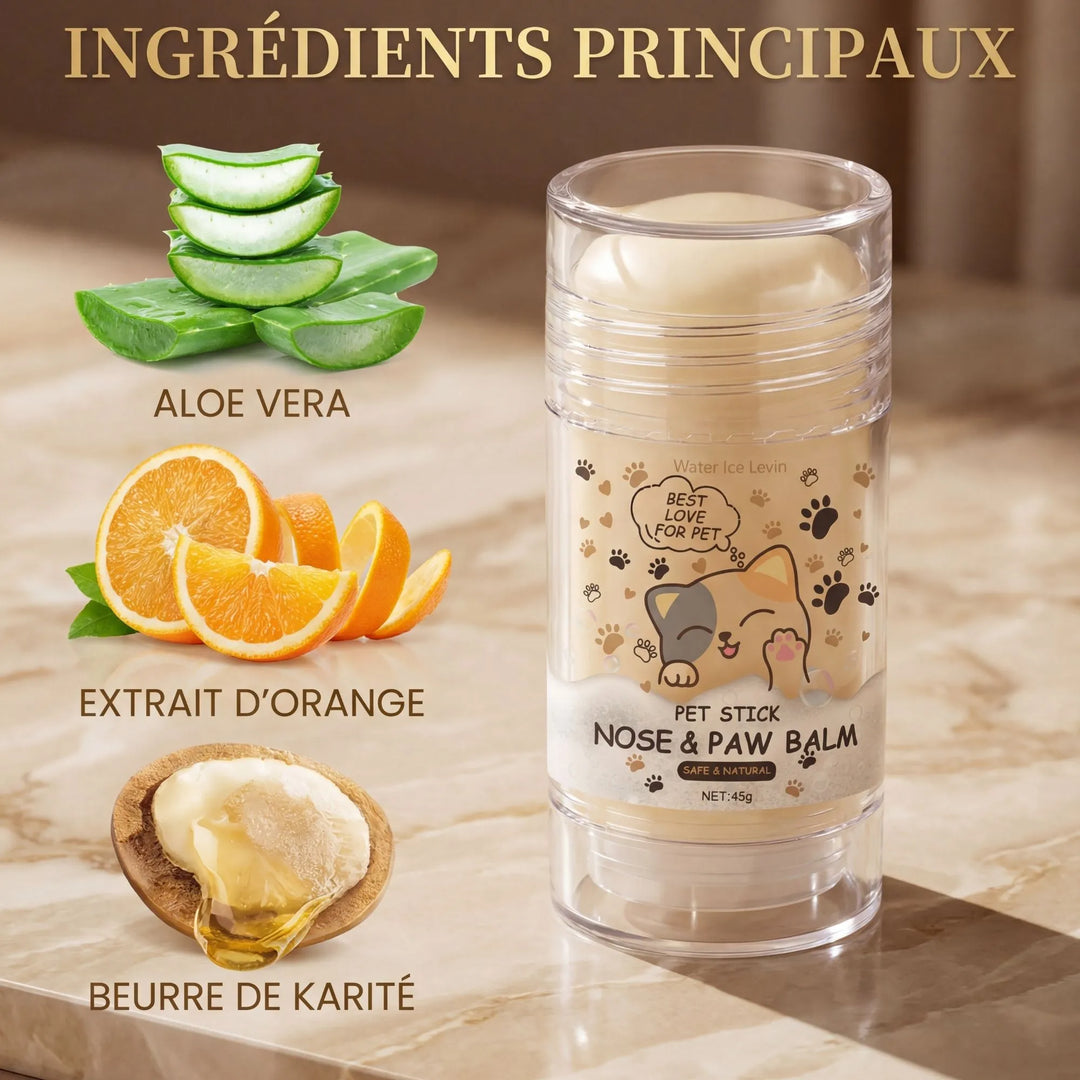 Ingrédients naturels du baume réparateur pour truffe et coussinets : Aloe Vera apaisant, extrait d'Orange et Beurre de Karité hydratant pour chien.