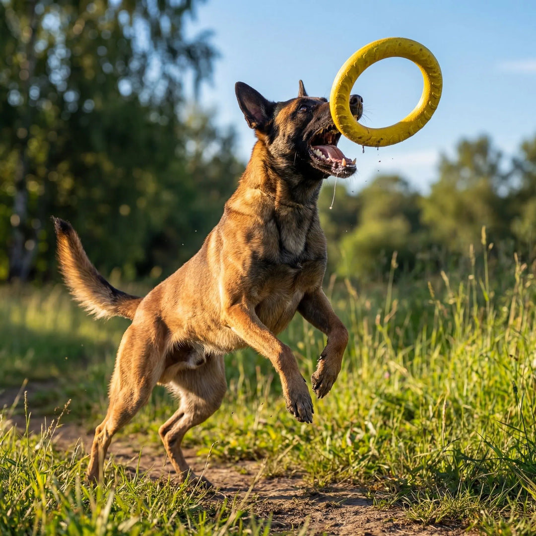 Chien de type Malinois sautant en plein air pour attraper un anneau de jeu flottant.