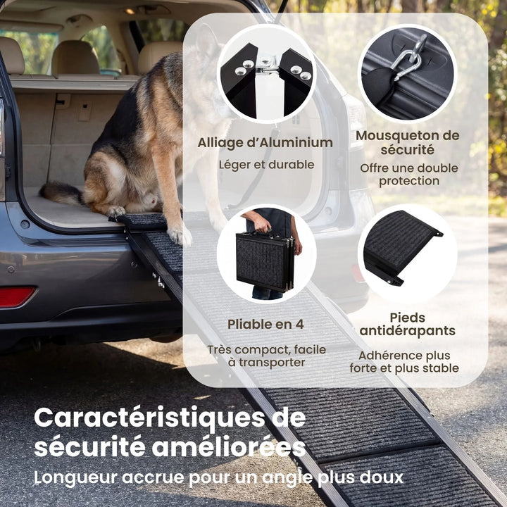 Détails de sécurité : Alliage d'aluminium léger, sangle avec mousqueton de sécurité, pieds antidérapants et pliage compact.