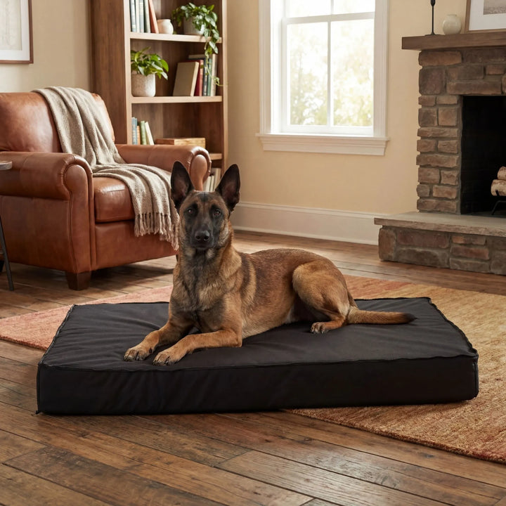 Chien Malinois se reposant confortablement sur un grand lit pour chien à mémoire de forme dans une maison.