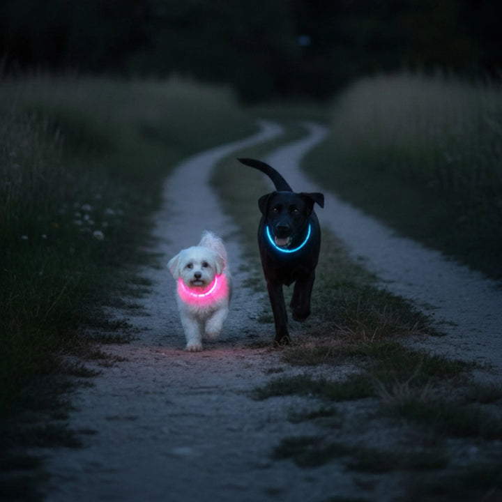 Un petit chien blanc avec un collier lumineux rose et un chien noir avec un collier bleu courant sur un chemin de terre au crépuscule.