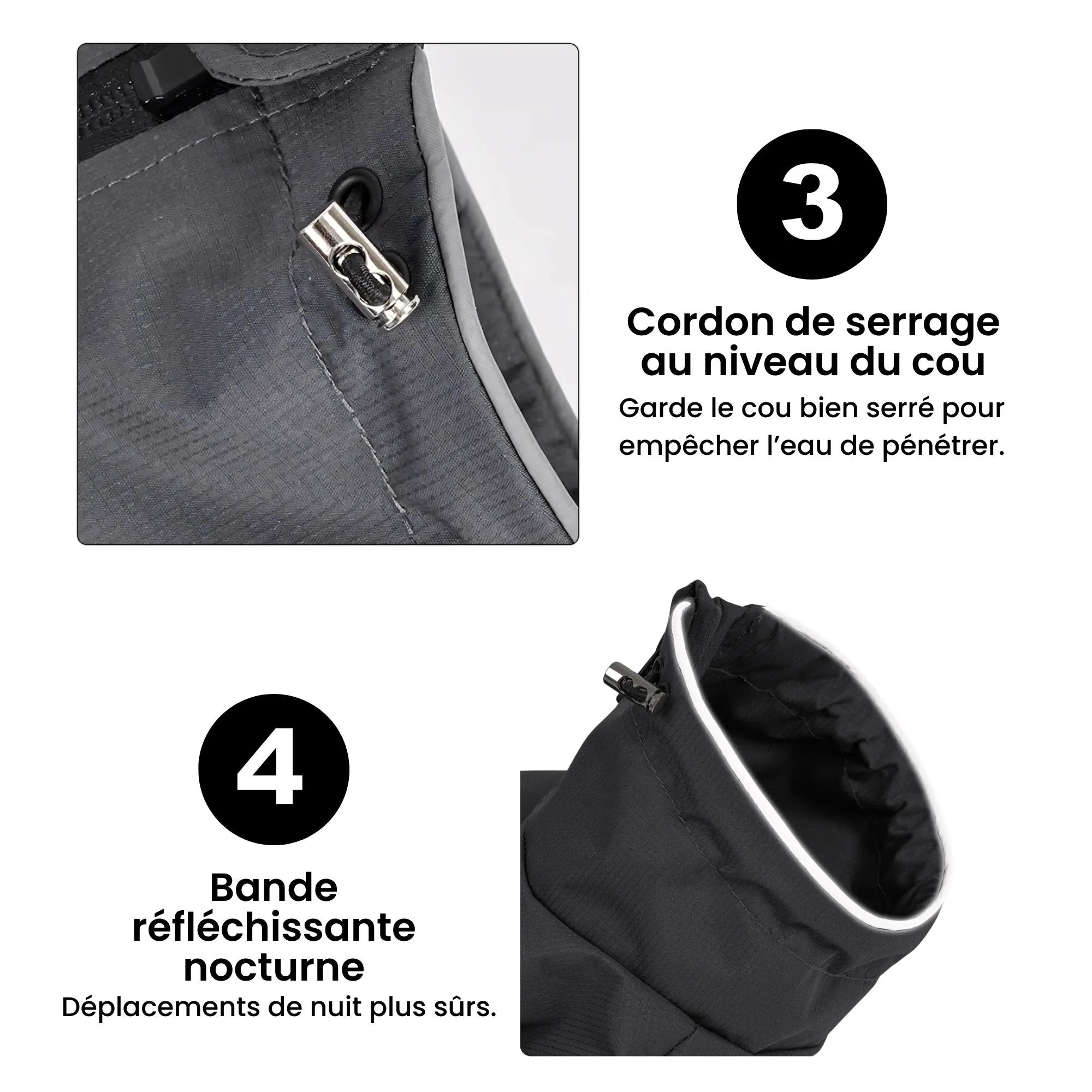 Fonctionnalités : cordon de serrage au niveau du cou pour éviter les infiltrations d'eau et bandes réfléchissantes pour la sécurité.