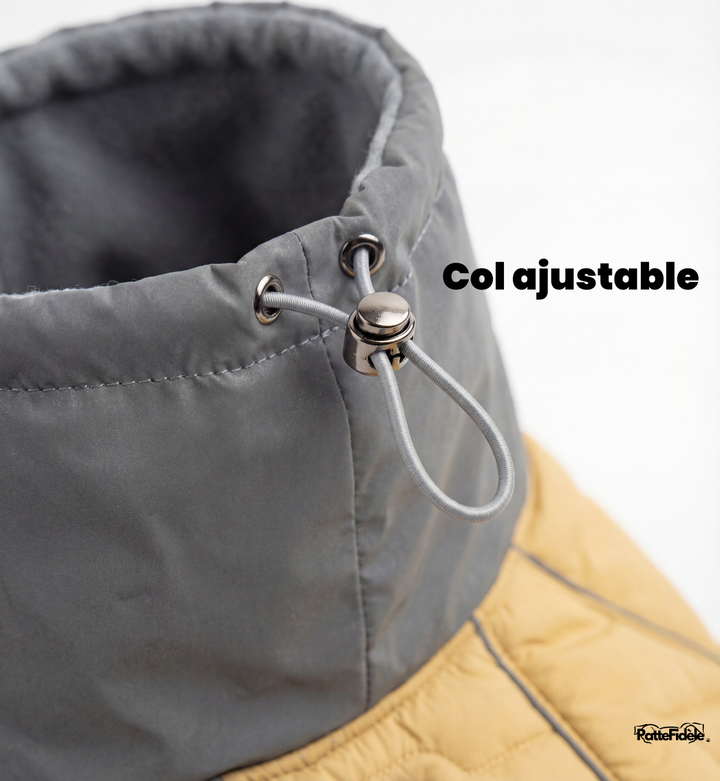 Détail du col montant ajustable avec cordon élastique pour protéger le cou du chien du vent et de la pluie.