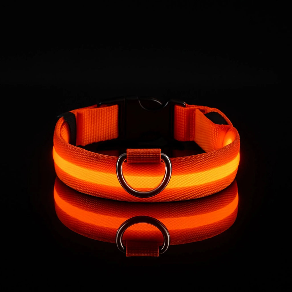 Collier LED orange vif pour chien, montrant la bande lumineuse et l'anneau d'attache métallique.