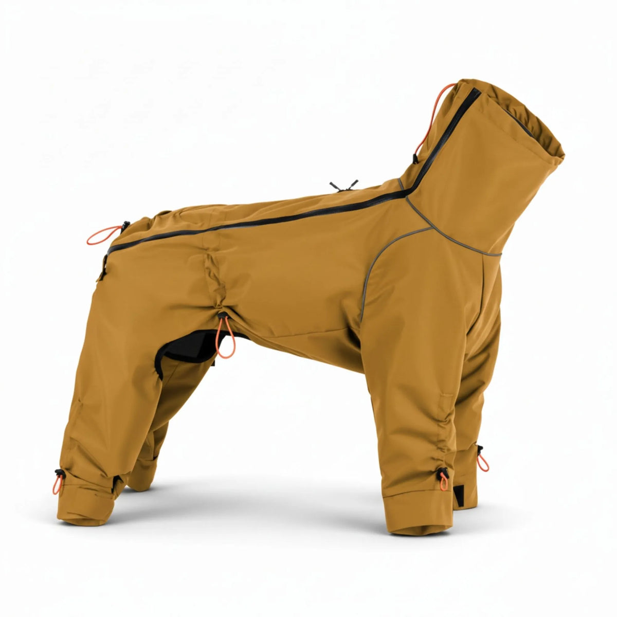 Manteau pour chien couleur moutarde avec grand col montant (snood) ajustable et fermeture éclair sur le dos pour un enfilage facile.