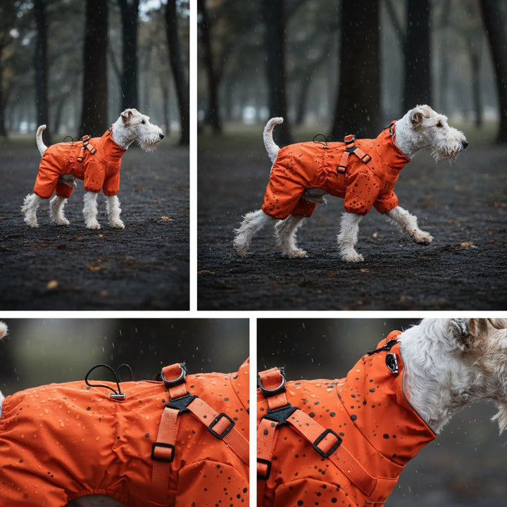 Collage montrant un petit chien portant un imperméable intégral orange léger, vue de profil et détail de l'attache dorsale.