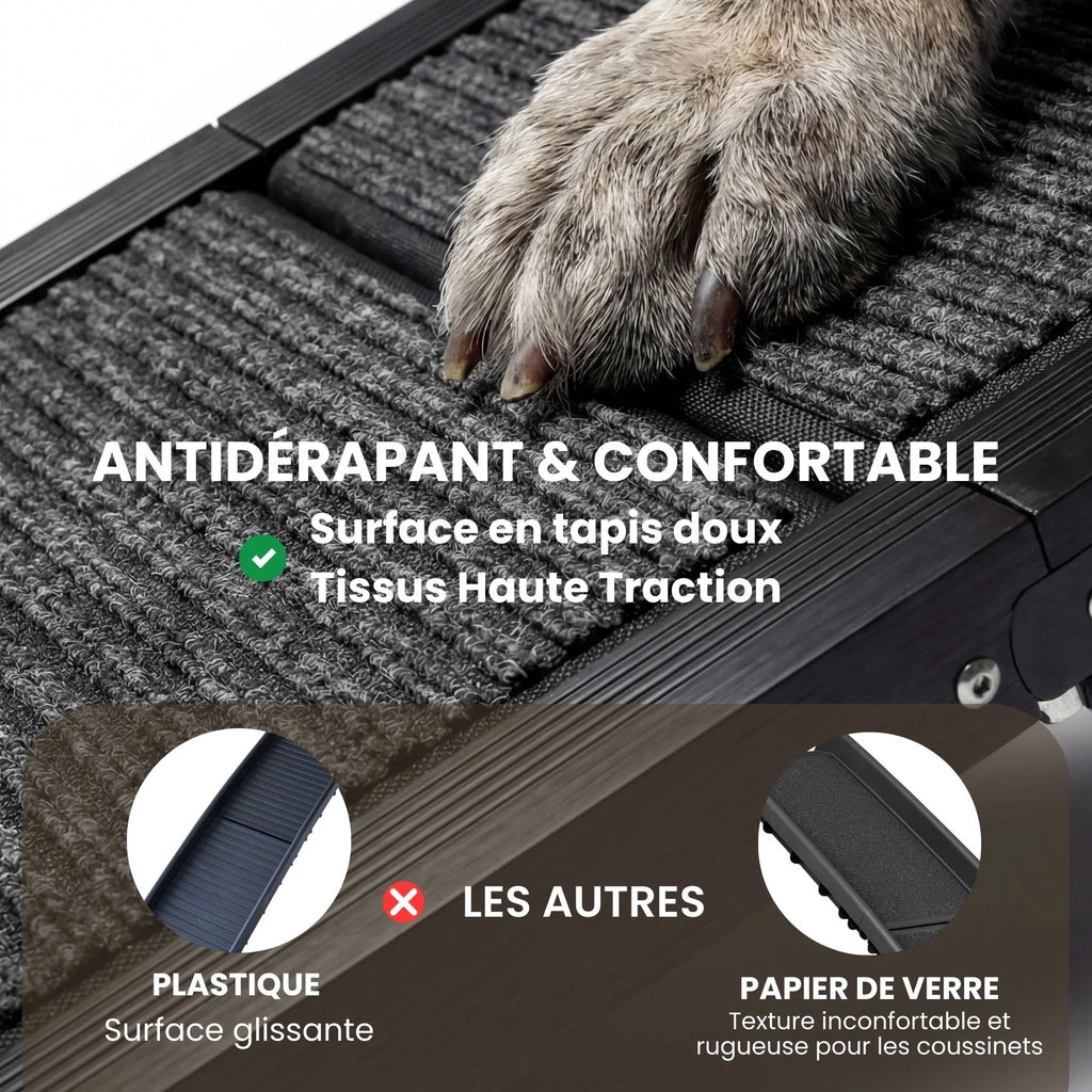 Comparatif qualité : Notre surface en tissu doux haute traction contre les rampes en plastique glissantes ou abrasives.