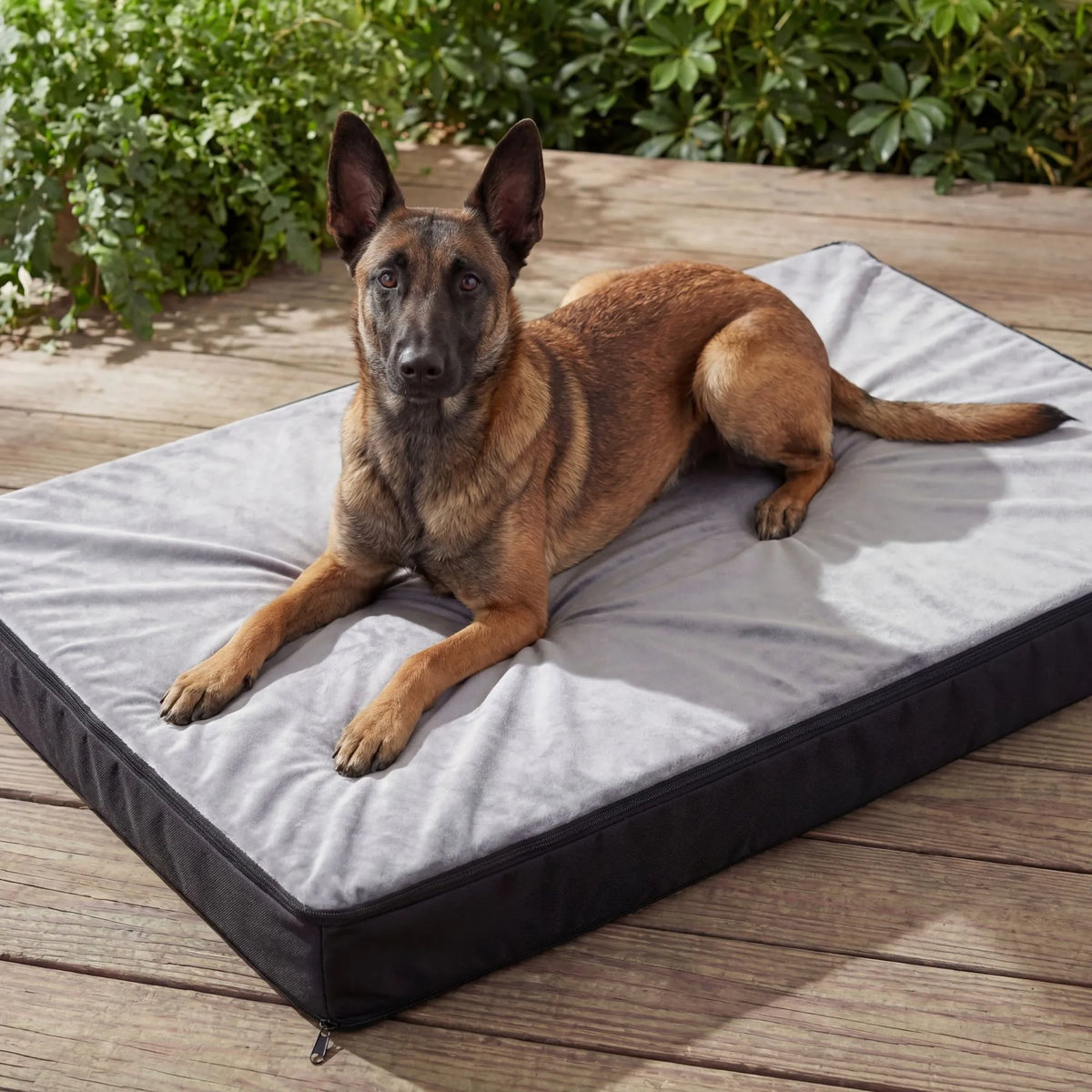 Chien Malinois couché confortablement sur son coussin orthopédique côté velours doux pour apaiser ses articulations et sa dysplasie.