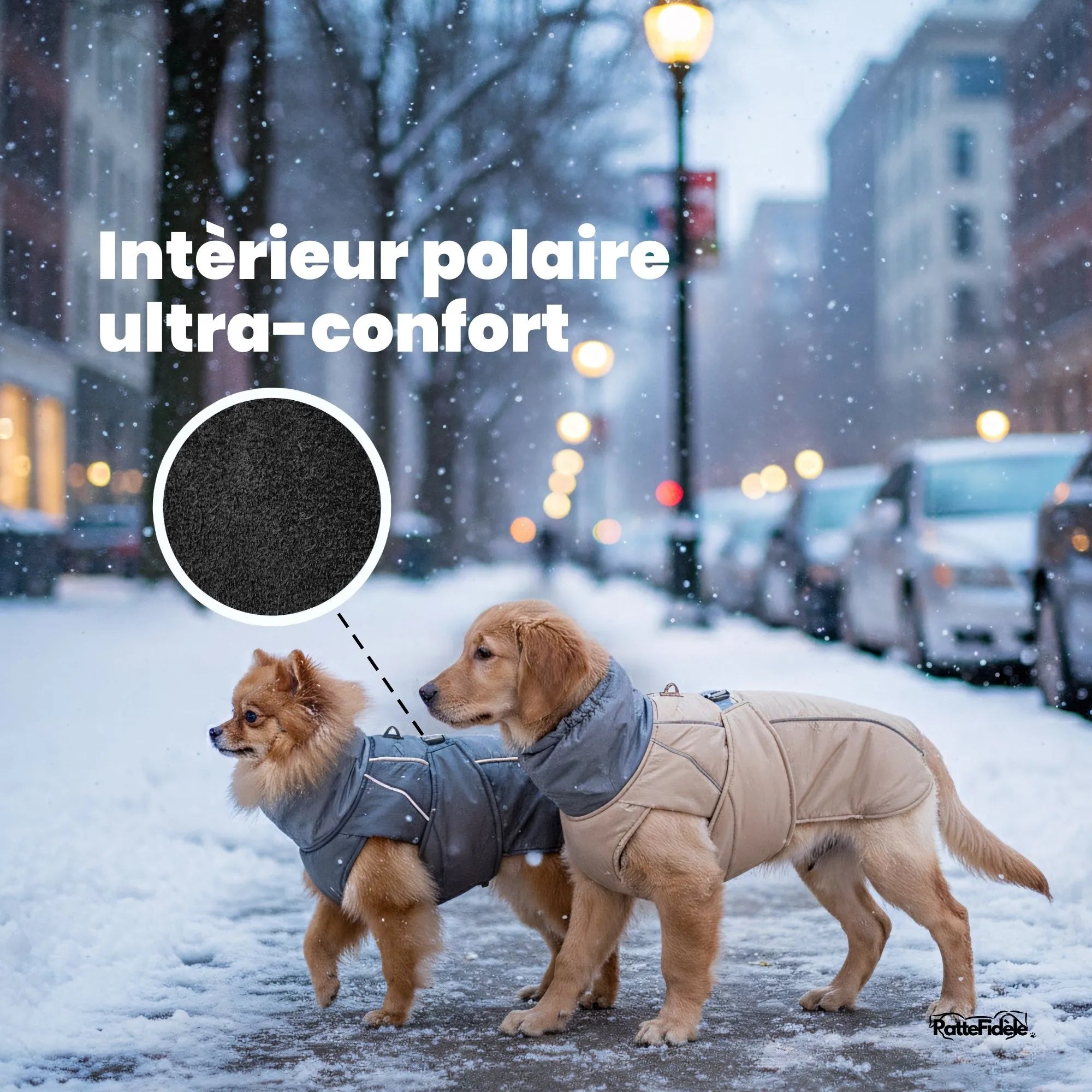 Deux chiens dans la neige illustrant l'intérieur en polaire noire ultra-confort et chaude du manteau d'hiver.