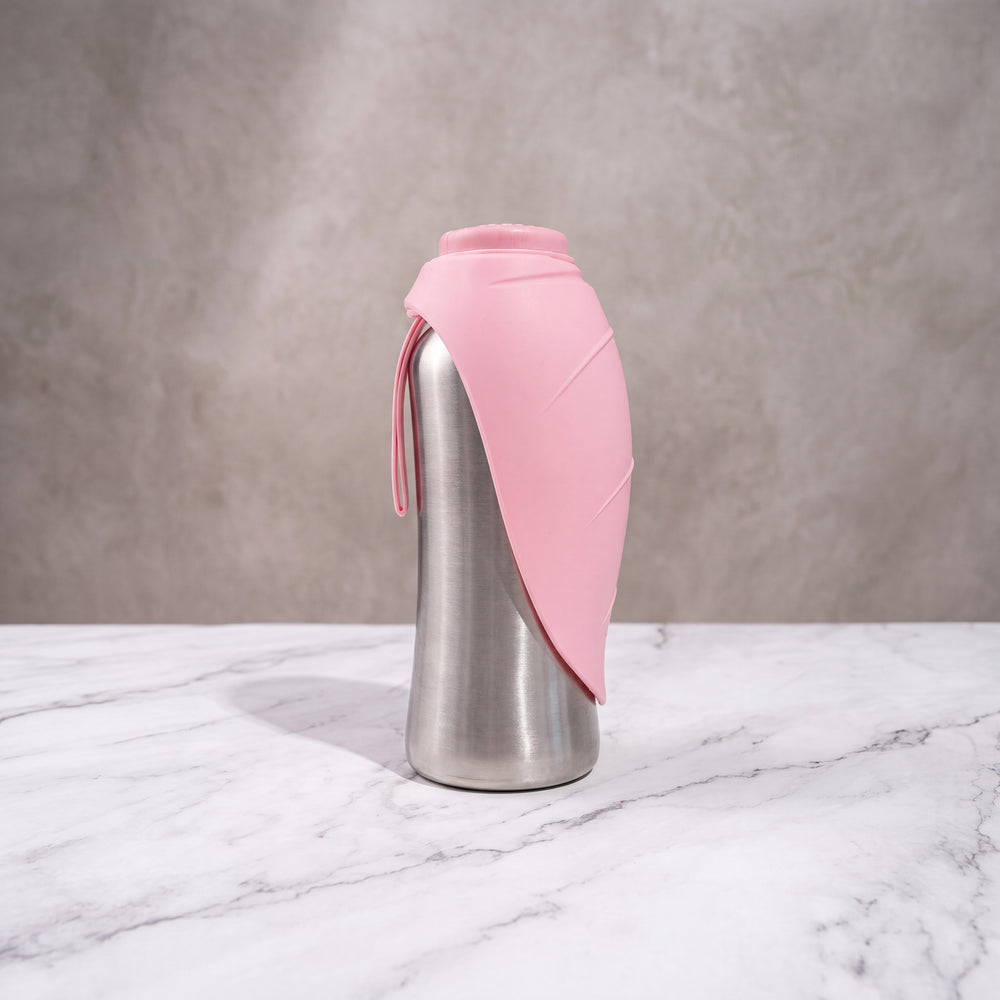 Gourde isotherme pour chien rose poudré et acier inoxydable de 750ml debout, feuille en silicone refermée.