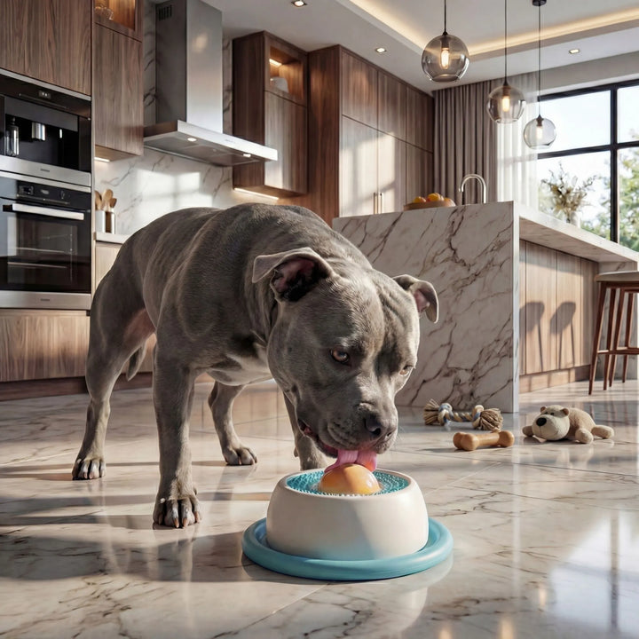 Grand chien utilisant le bol à lécher rotatif pour calmer son anxiété et s'occuper durablement.