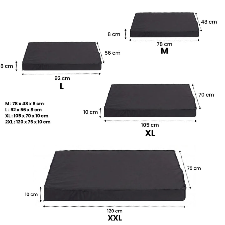 Dimensions du lit orthopédique pour chien de la taille S à XXL pour toutes les races.
