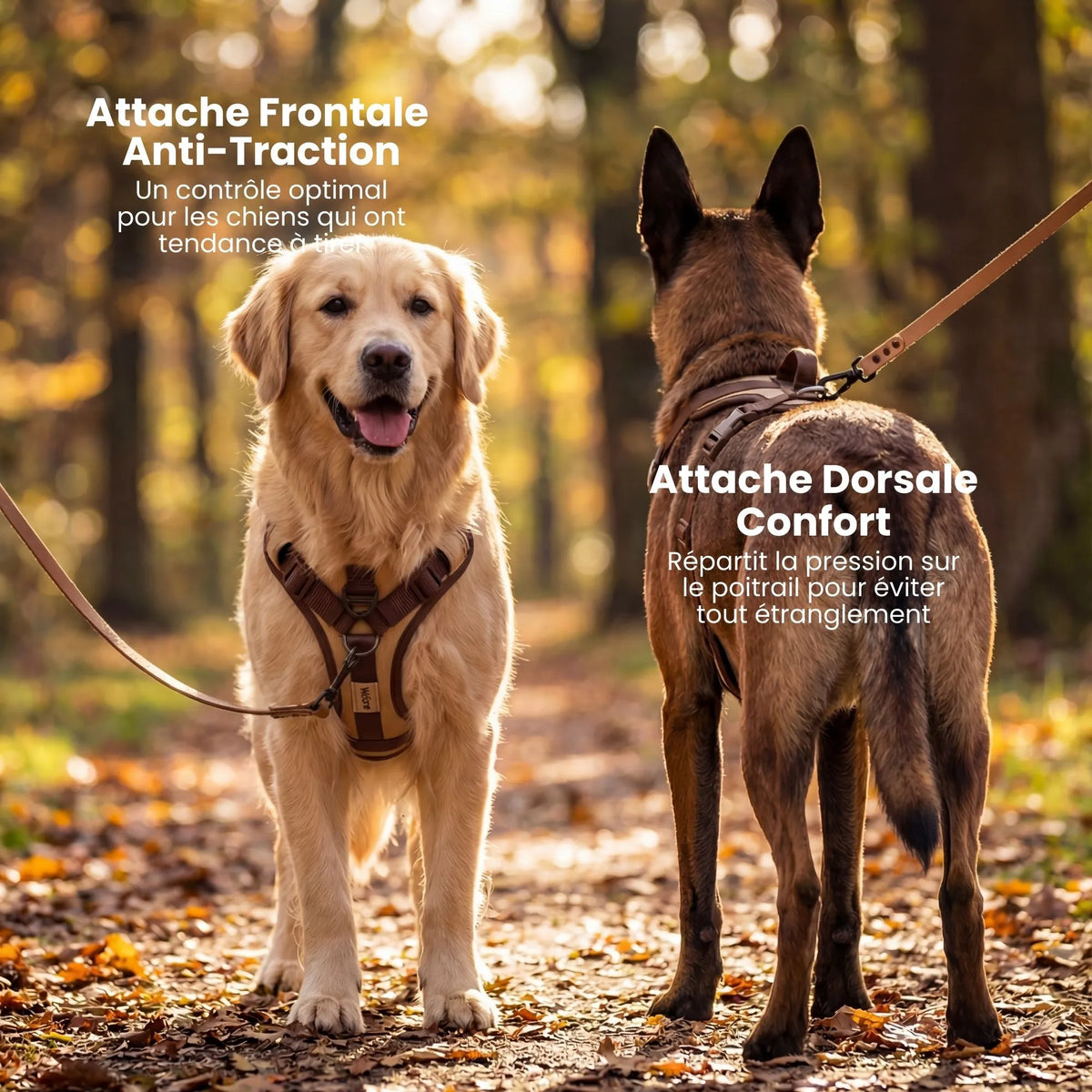 Golden Retriever et malinois en balade avec des harnais anti-traction en Y, les attaches frontale anti-traction et attache dorsale confort leurs offre un contrôle optimal et répartit la pression pour éviter les étranglements. 