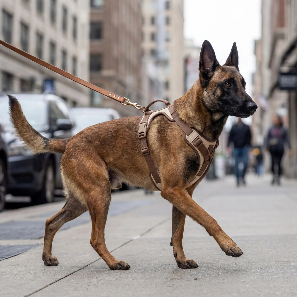 Chien en marche au pied avec harnais anti-traction confortable. Liberté de mouvement pour les épaules.