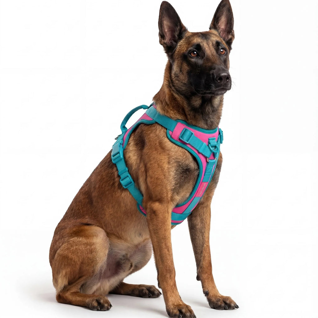 Harnais ergonomique couleur gris bleu moderne pour chien de taille moyenne.