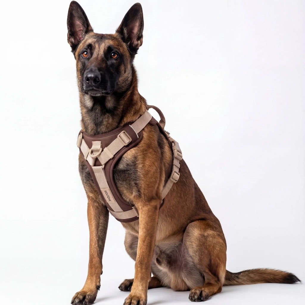 Harnais couleur marron chocolat, style luxe et tactique pour chien puissant.