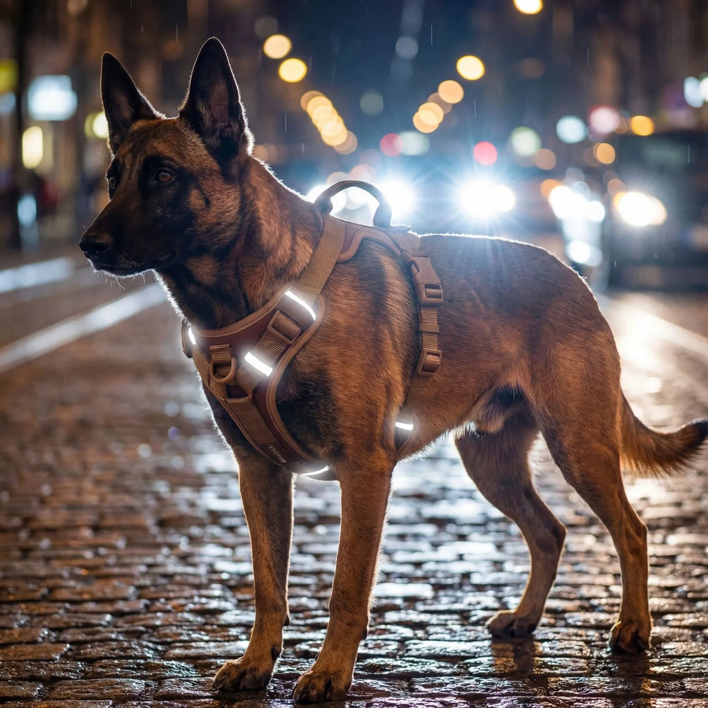 Harnais pour chien avec bandes réfléchissantes haute visibilité dans la nuit en ville. Sécurité maximale pour les balades le soir.