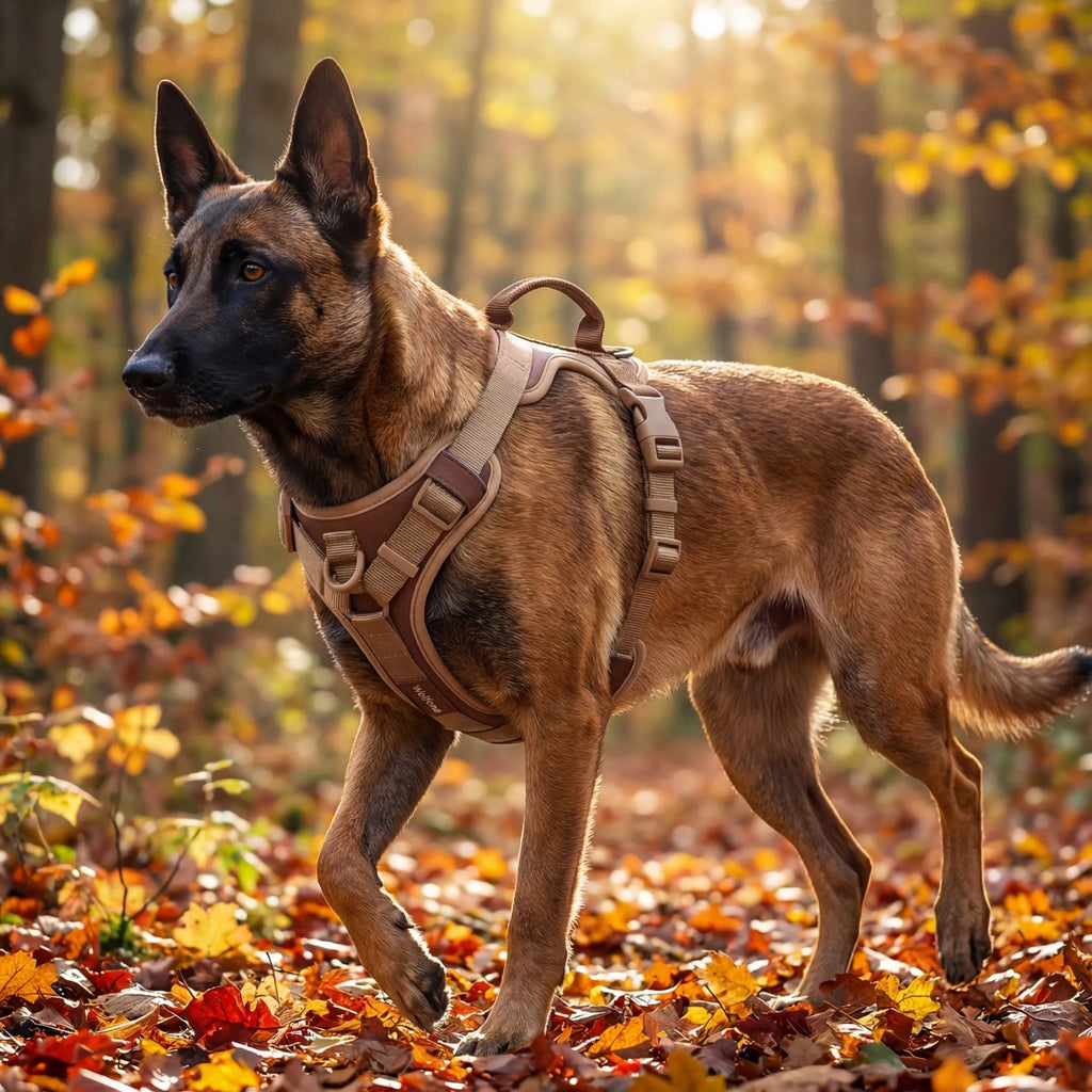 Berger Malinois fier portant le harnais tactique marron chocolat PatteFidèle en forêt. Modèle robuste pour grand chien.