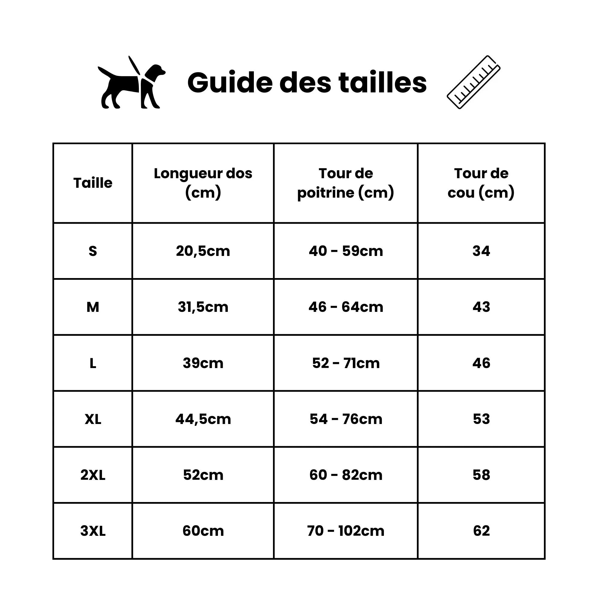 Guide des tailles manteaux imperméables harnais intégré.