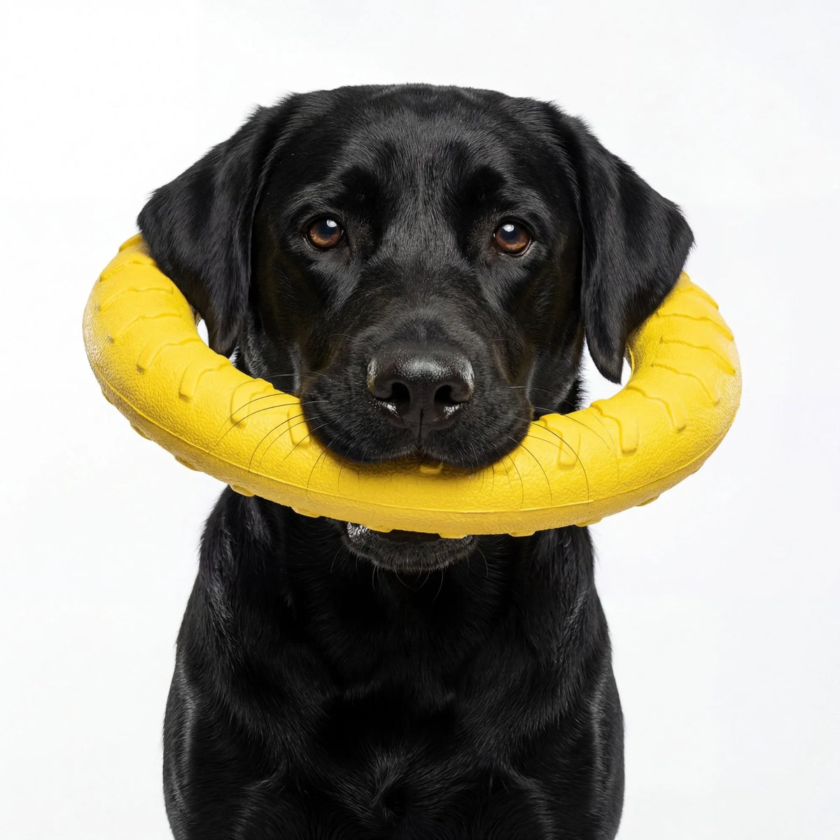 Chien Labrador noir tenant dans sa gueule un anneau de jeu jaune résistant.