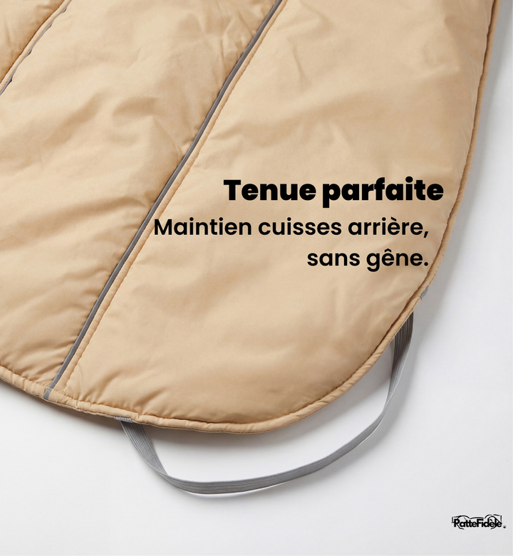 Arrière du manteau pour chien avec élastiques de maintien aux cuisses pour empêcher le vêtement de glisser pendant la marche.
