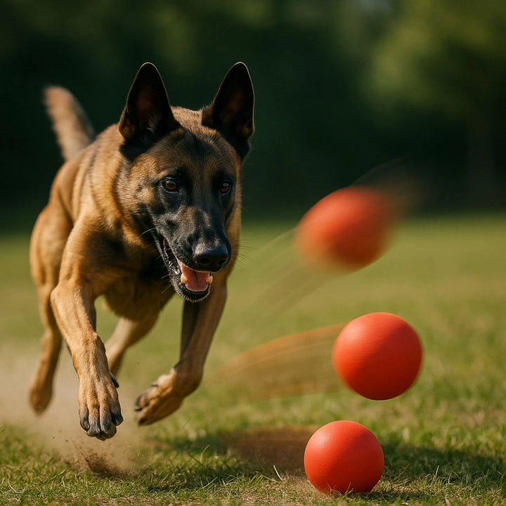 Chien Malinois bondissant pour attraper sa balle au vol, illustrant la capacité de rebond du jouet.