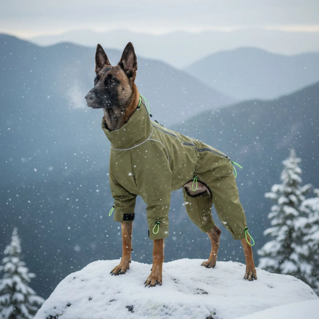 Berger Malinois de profil portant un manteau kaki ajusté. Coupe ergonomique couvrant le ventre et les pattes pour une protection optimale.