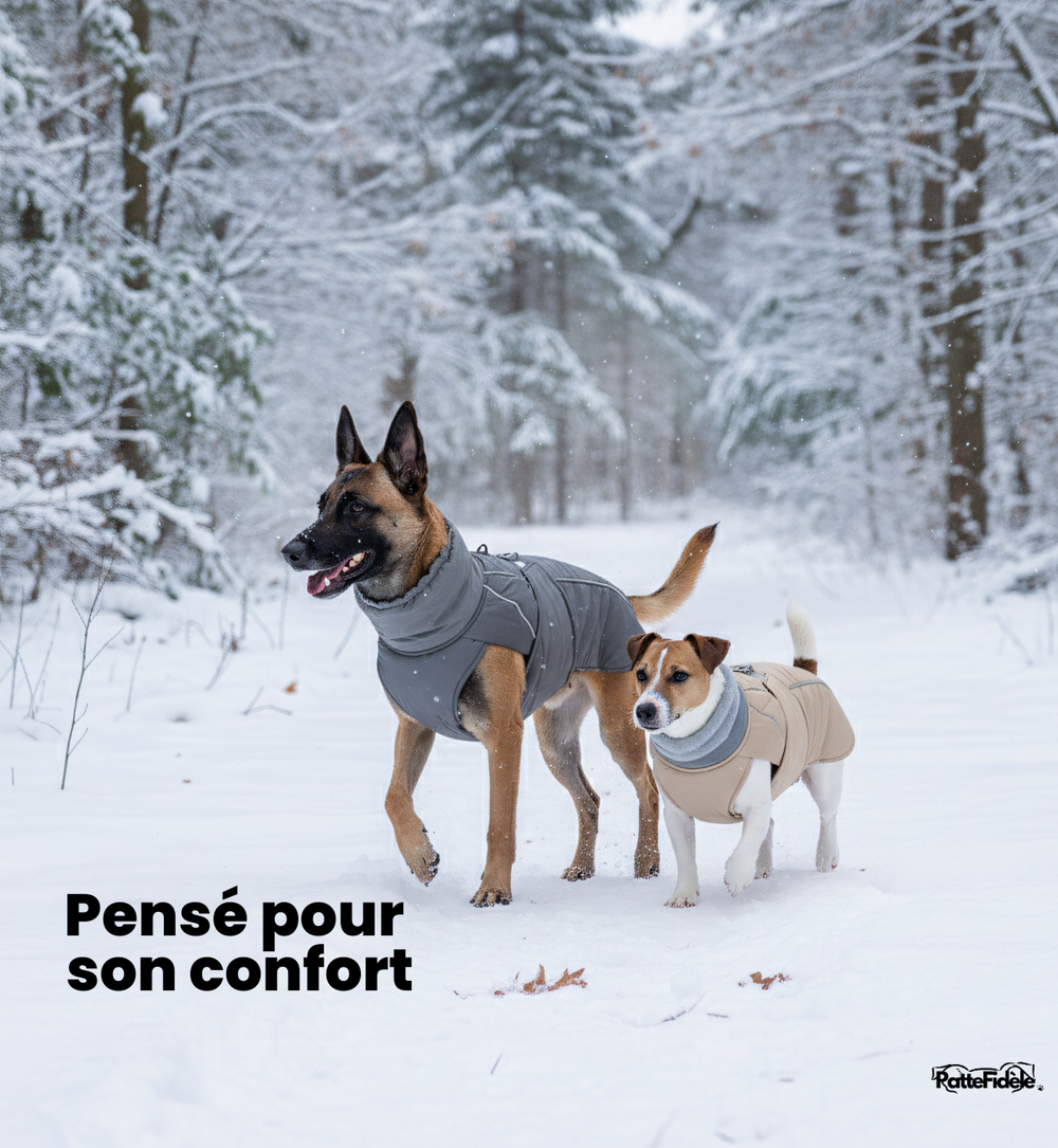 Malinois et Jack Russel dans la neige portant un manteau d'hiver pour chien gris et beige. Protection confort contre le froid et l'humidité.