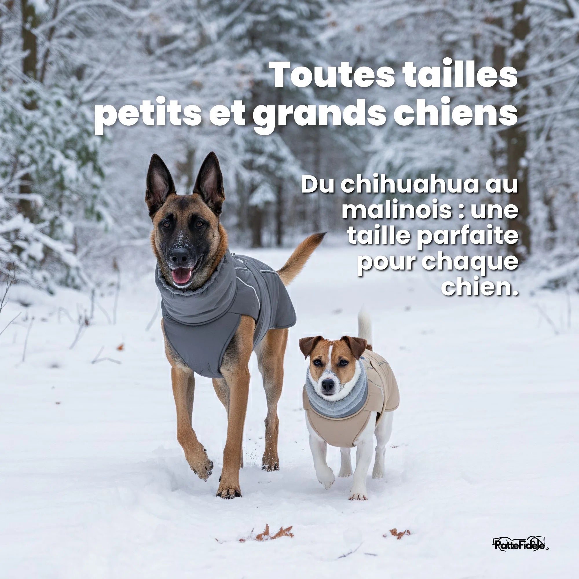 Malinois et Jack Russel dans la neige portant un manteau d'hiver pour chien gris et beige. Protection confort contre le froid et l'humidité.