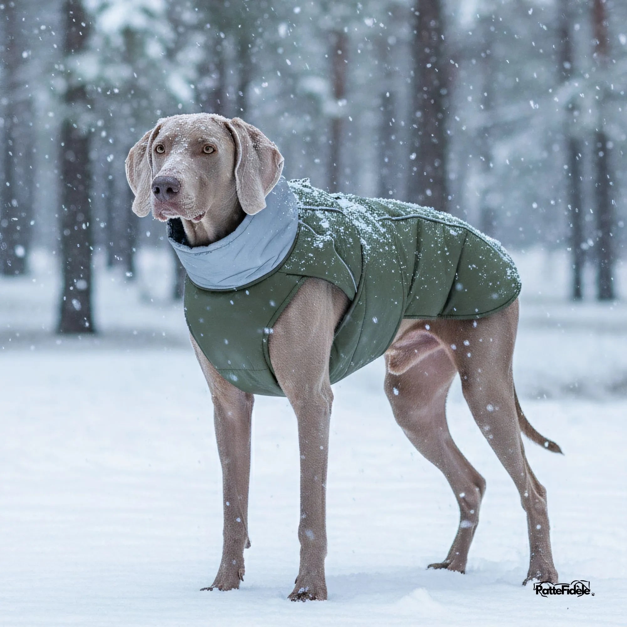 Un Braque de Weimar debout dans une forêt enneigée, protégé du froid par un manteau vert kaki imperméable à col montant.