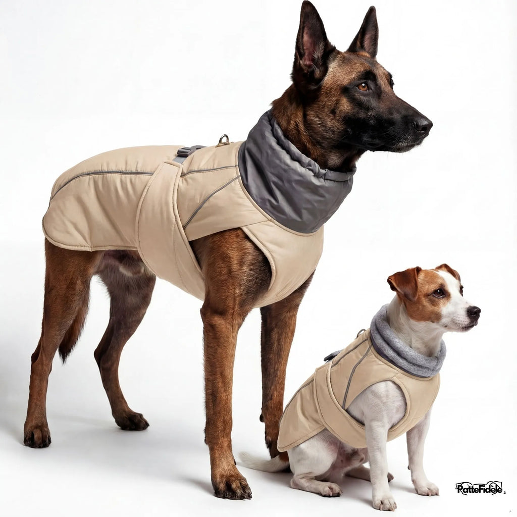 Braque de Weimar et Jack Russel portant le manteau imperméable pour chien en couleur beige sable. Vue de profil couvrant le ventre.