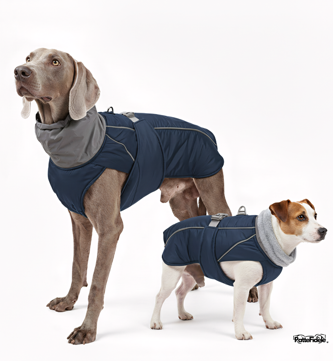 Veste de pluie pour chien couleur bleu marine. Tissu déperlant et coupe-vent porté par un Braque.