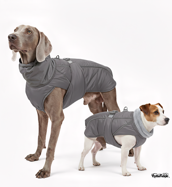 Manteau d'hiver pour chien couleur gris moderne. Doublure chaude et extérieur imperméable pour Braque et Jack Russel.