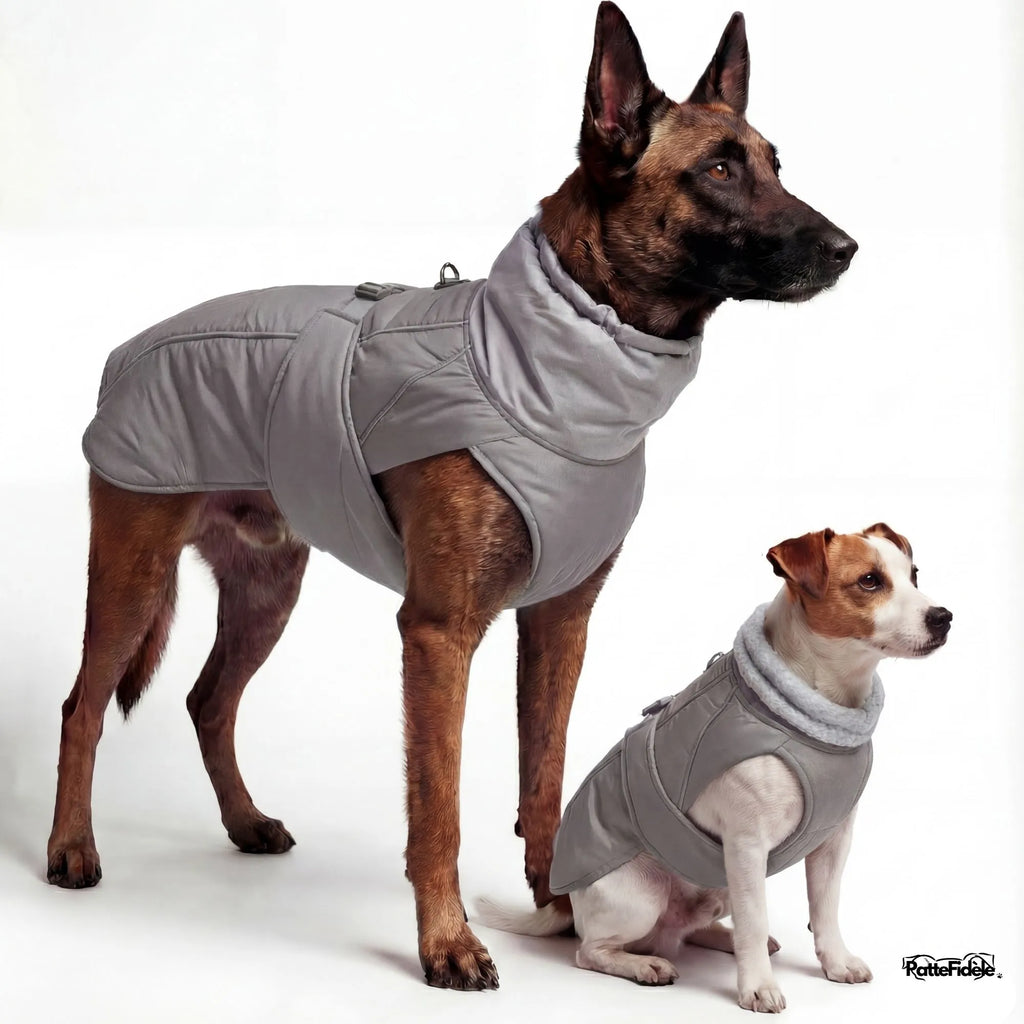 Manteau d'hiver pour chien couleur gris moderne. Doublure chaude et extérieur imperméable pour Braque et Jack Russel.