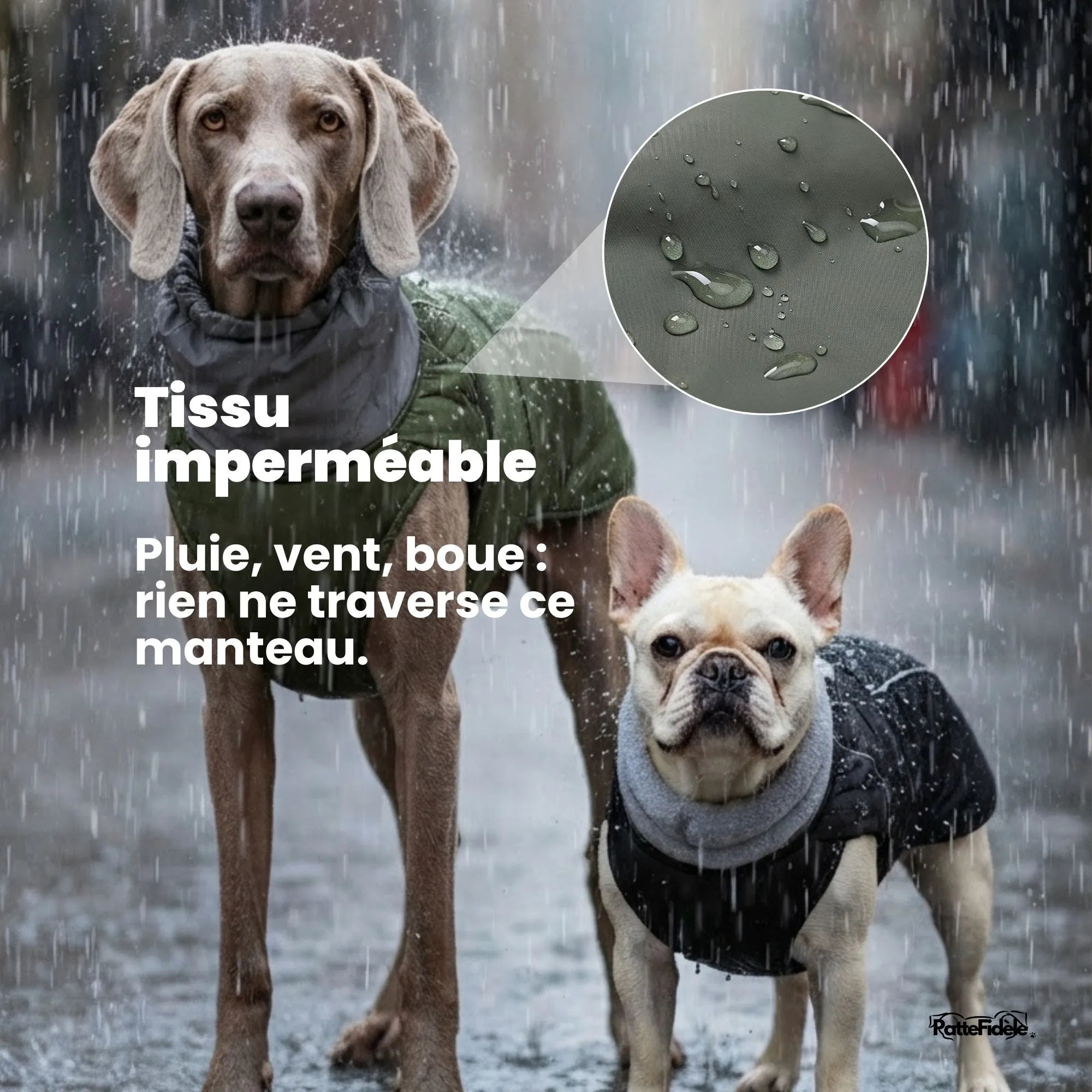 Manteau imperméable pour chien kaki porté par un Braque de Weimar et un Bouledogue Français sous la pluie. Protection totale contre l'eau et la boue.