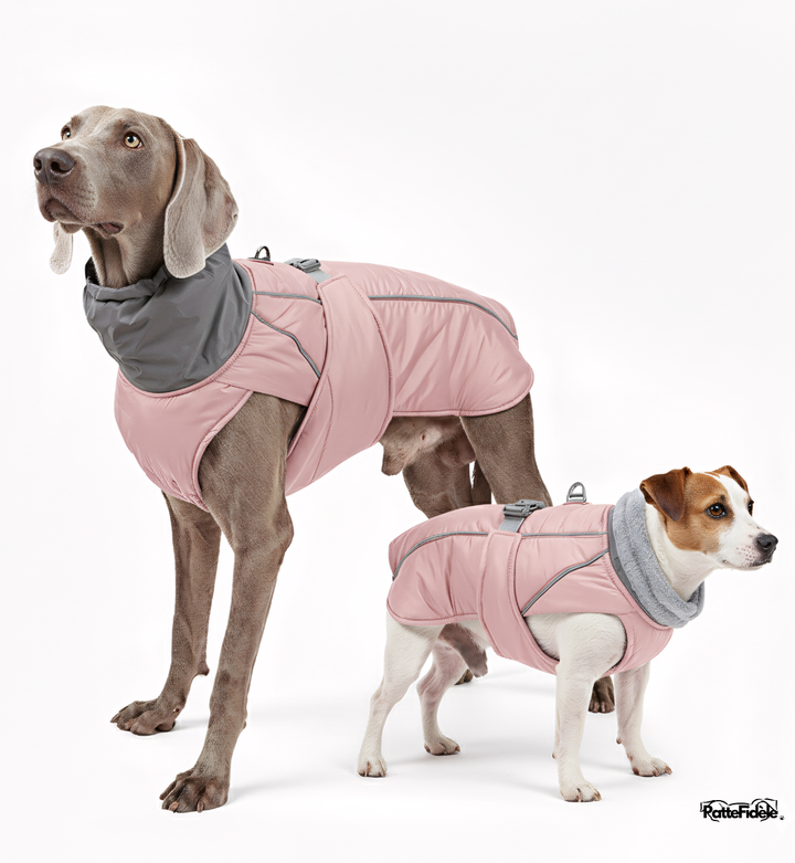 Manteau imperméable pour chien couleur rose porté par grand et petit chien. Vêtement de pluie feminin et visible.