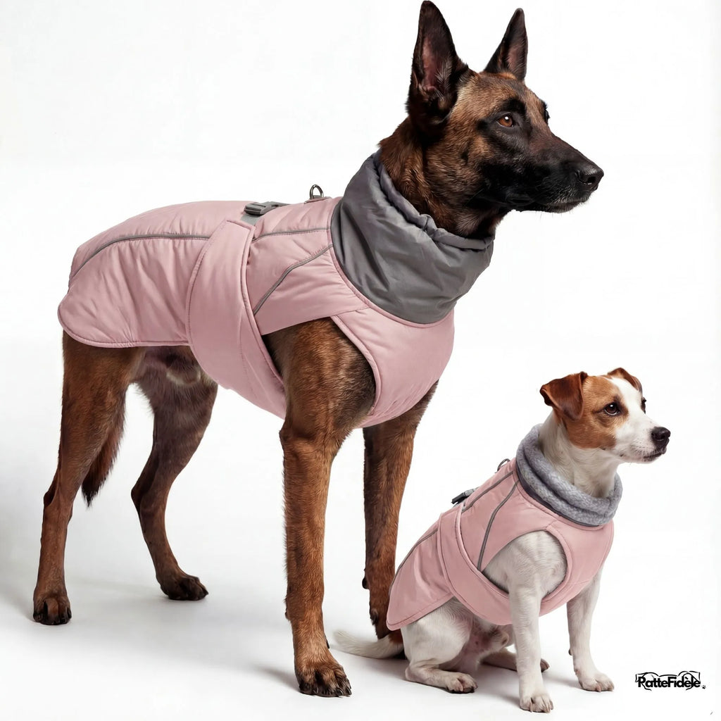 Manteau imperméable pour chien couleur rose porté par grand et petit chien. Vêtement de pluie feminin et visible.