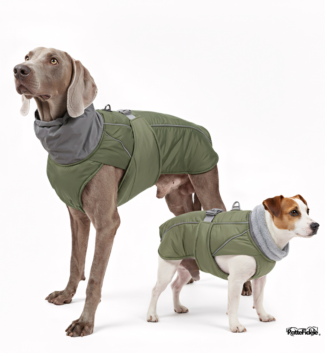Manteau imperméable pour chien vert kaki style chasse ou randonnée. Protection outdoor résistante et durable.