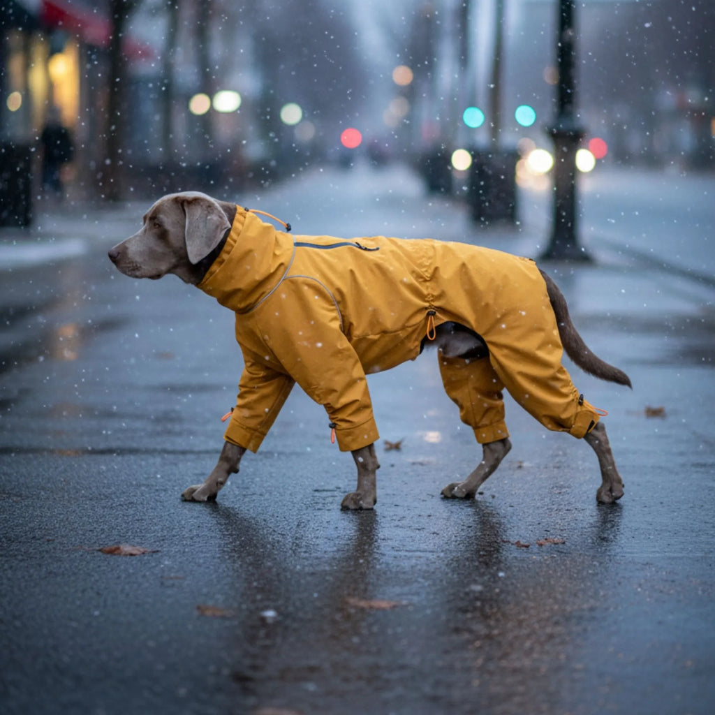 Grand chien Braque de Weimar portant un manteau imperméable intégral jaune sous la pluie. Protection complète des pattes et du corps contre l'eau.