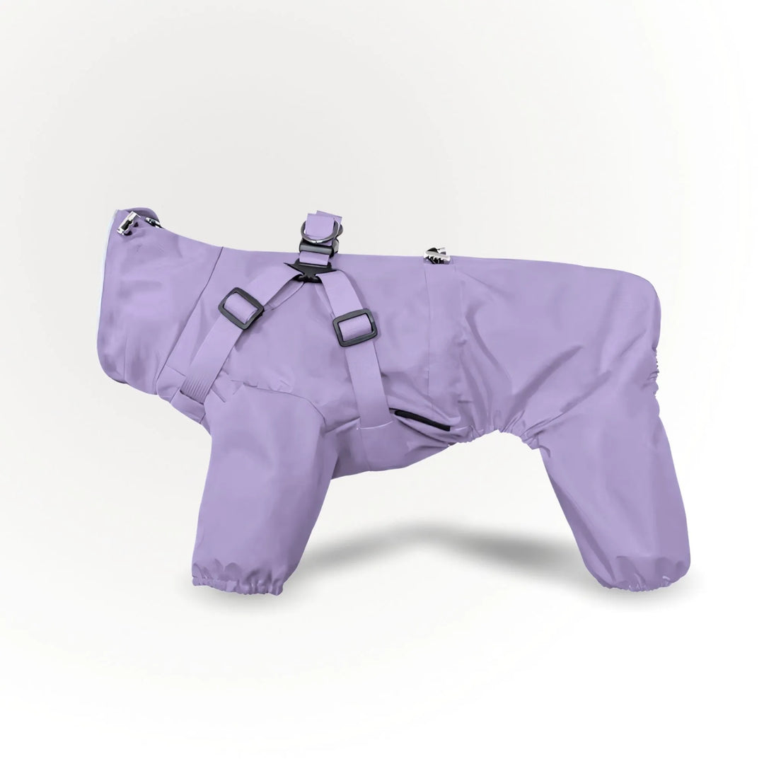 Combinaison imperméable pour chien couleur violet lilas, tissu fin et respirant couvrant les quatre pattes.