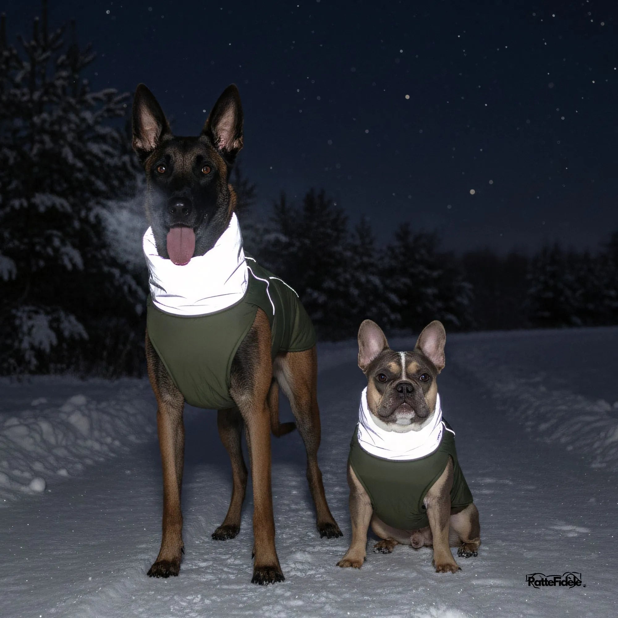 Démonstration de la sécurité nocturne : le col et les bandes du manteau réfléchissent la lumière pour rendre les chiens visibles dans le noir.