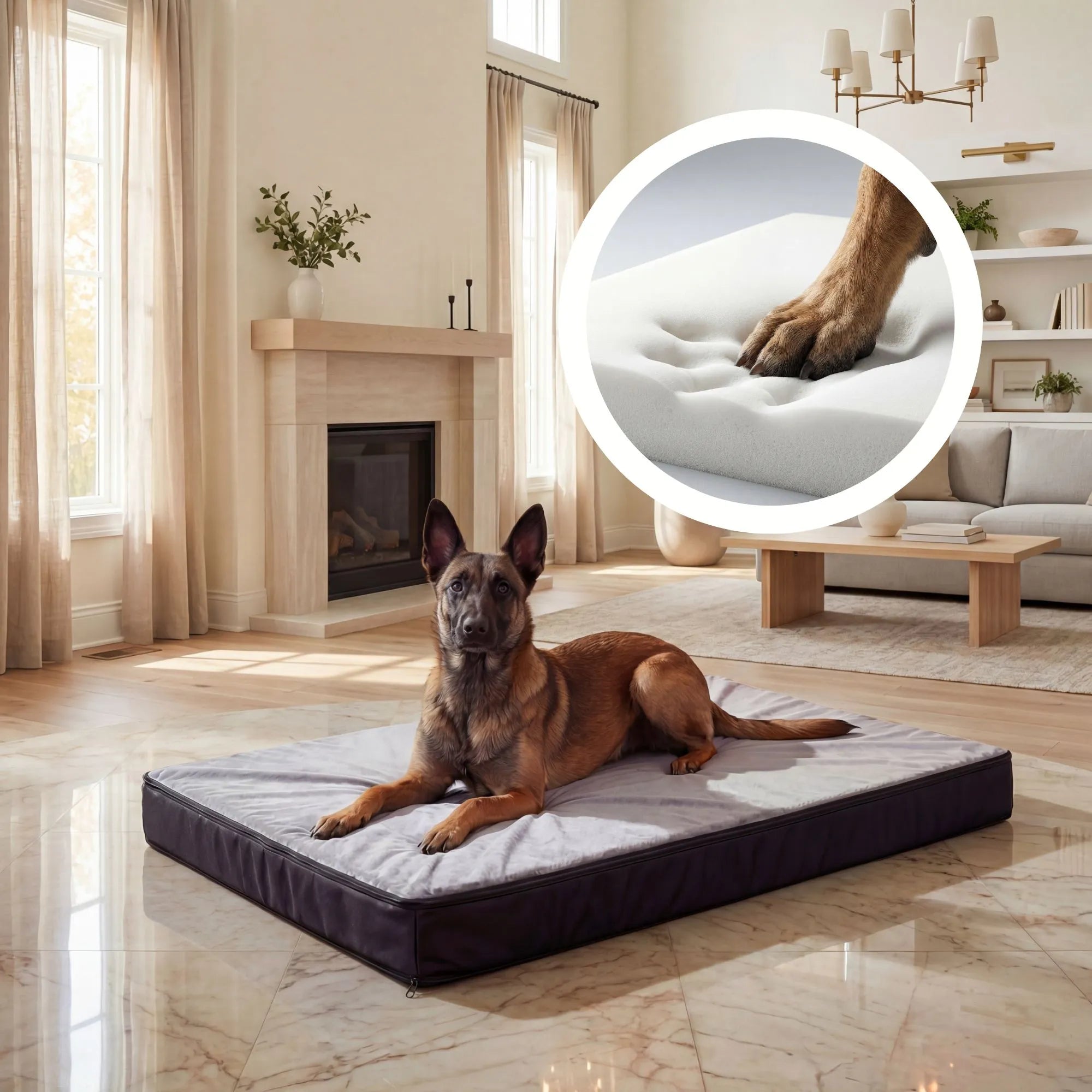 Matelas pour chien spécial arthrose dans un salon premium, avec un aperçu de la technologie à mémoire de forme pour un soutien articulaire maximal.