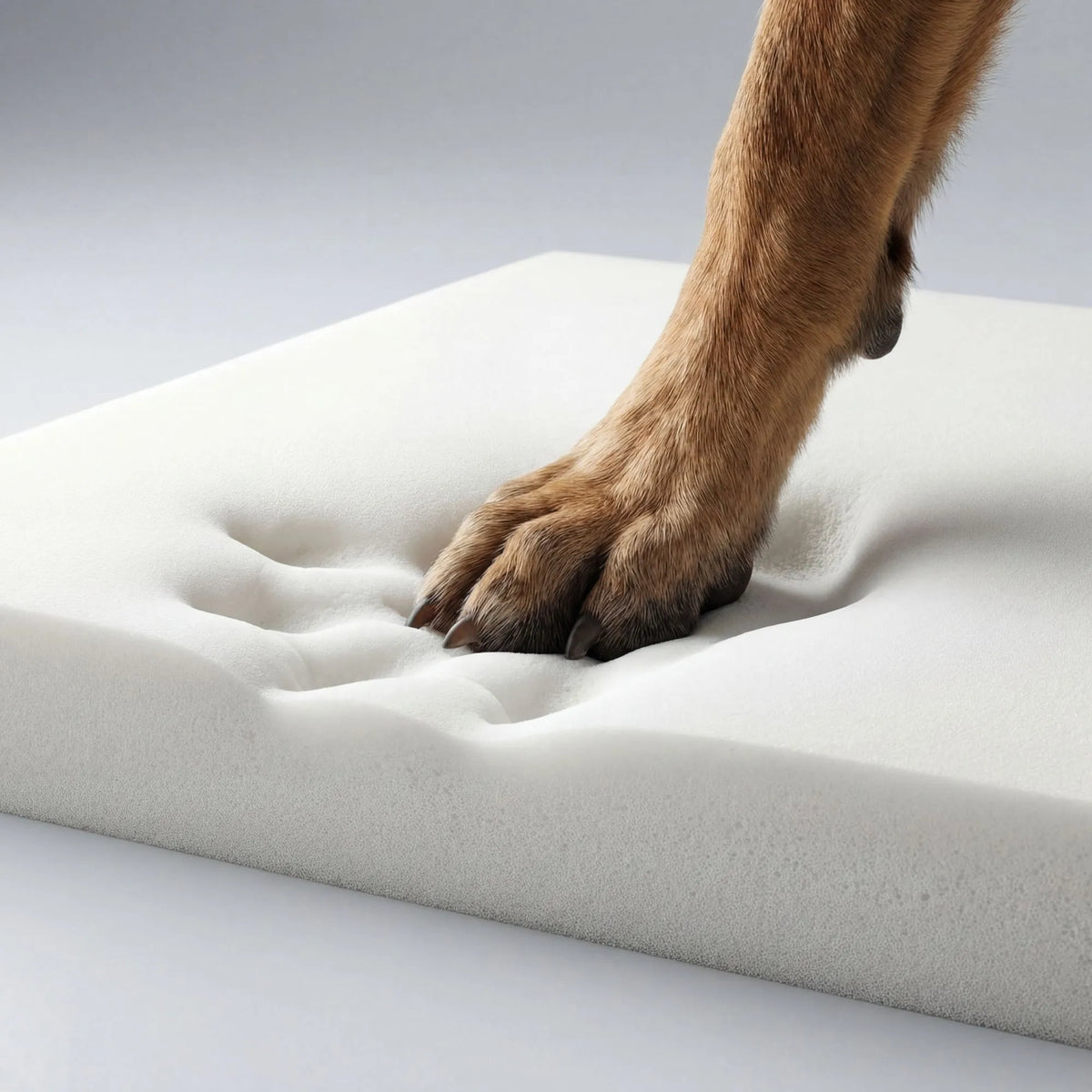 Patte de chien s'enfonçant dans la mousse à mémoire de forme haute densité, conçue pour supprimer les points de pression et prévenir l'arthrose.