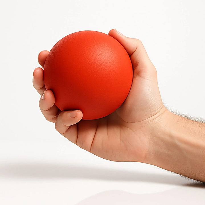 Une main humaine tenant la balle rouge pour donner une échelle de grandeur réaliste.