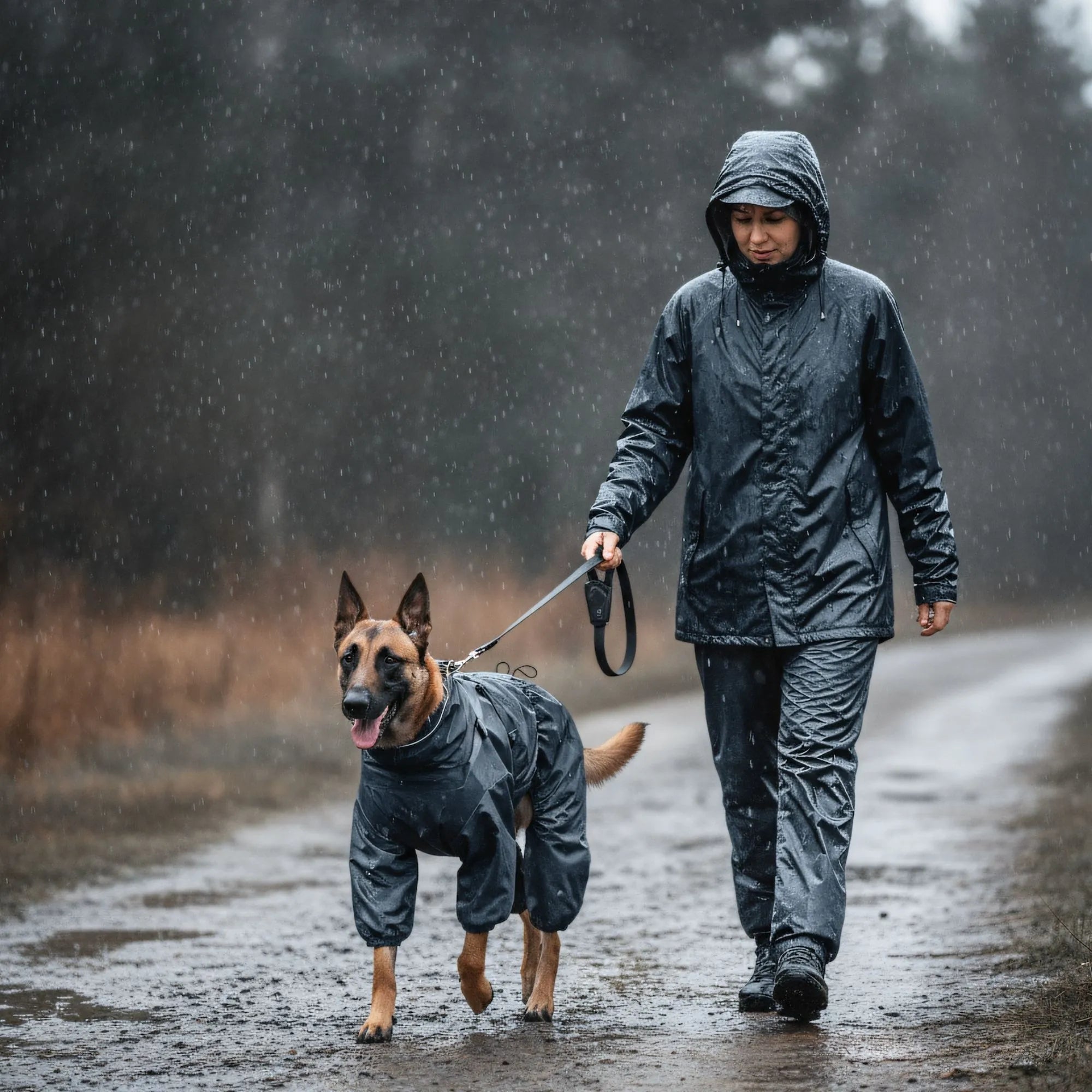 Berger Malinois en promenade sous une forte pluie, entièrement protégé par un imperméable gris étanche à couverture intégrale. Image