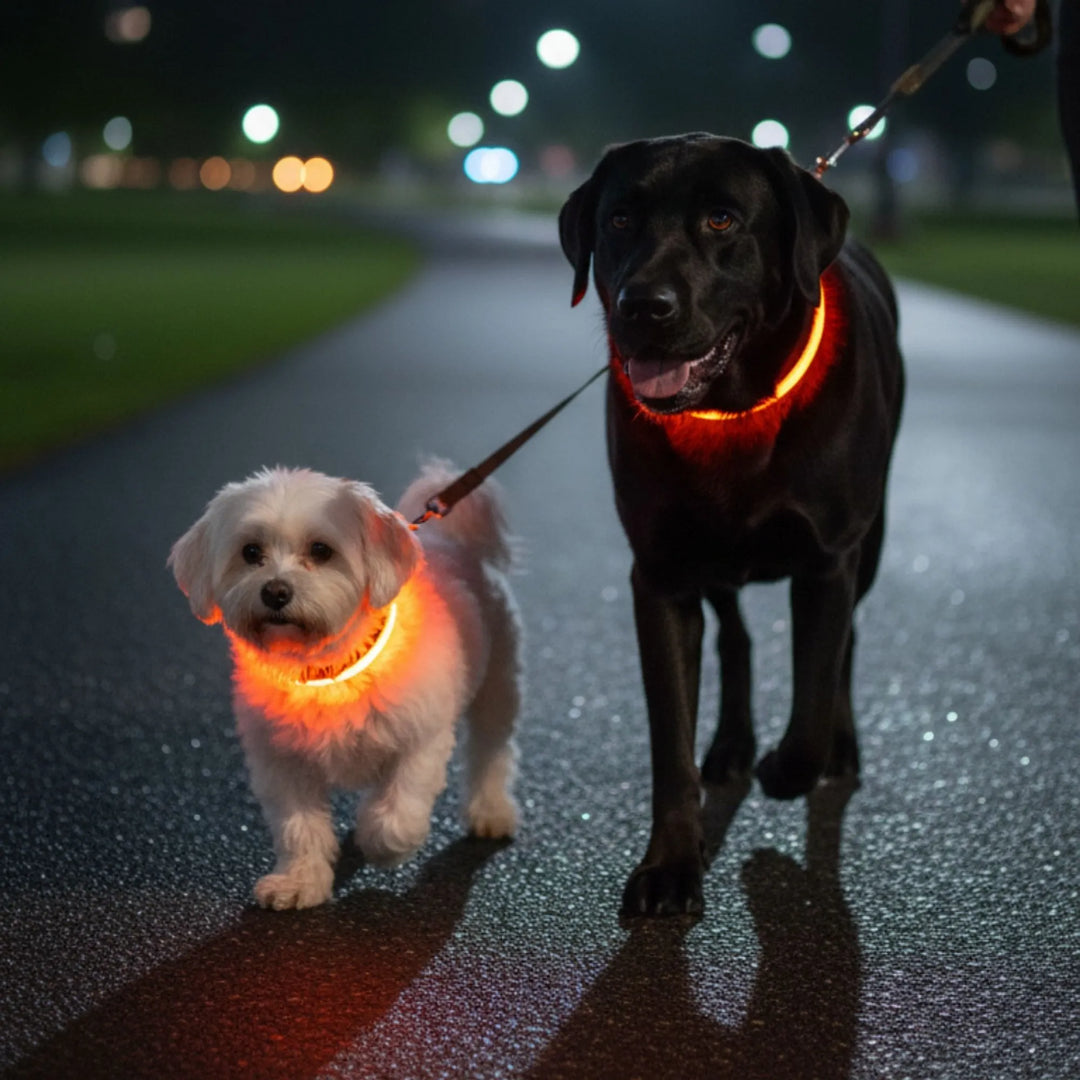 Un petit chien blanc et un grand chien noir tenus en laisse sur une route pavée la nuit, portant des colliers lumineux orange et rouge avec des lumières de ville en arrière-plan.